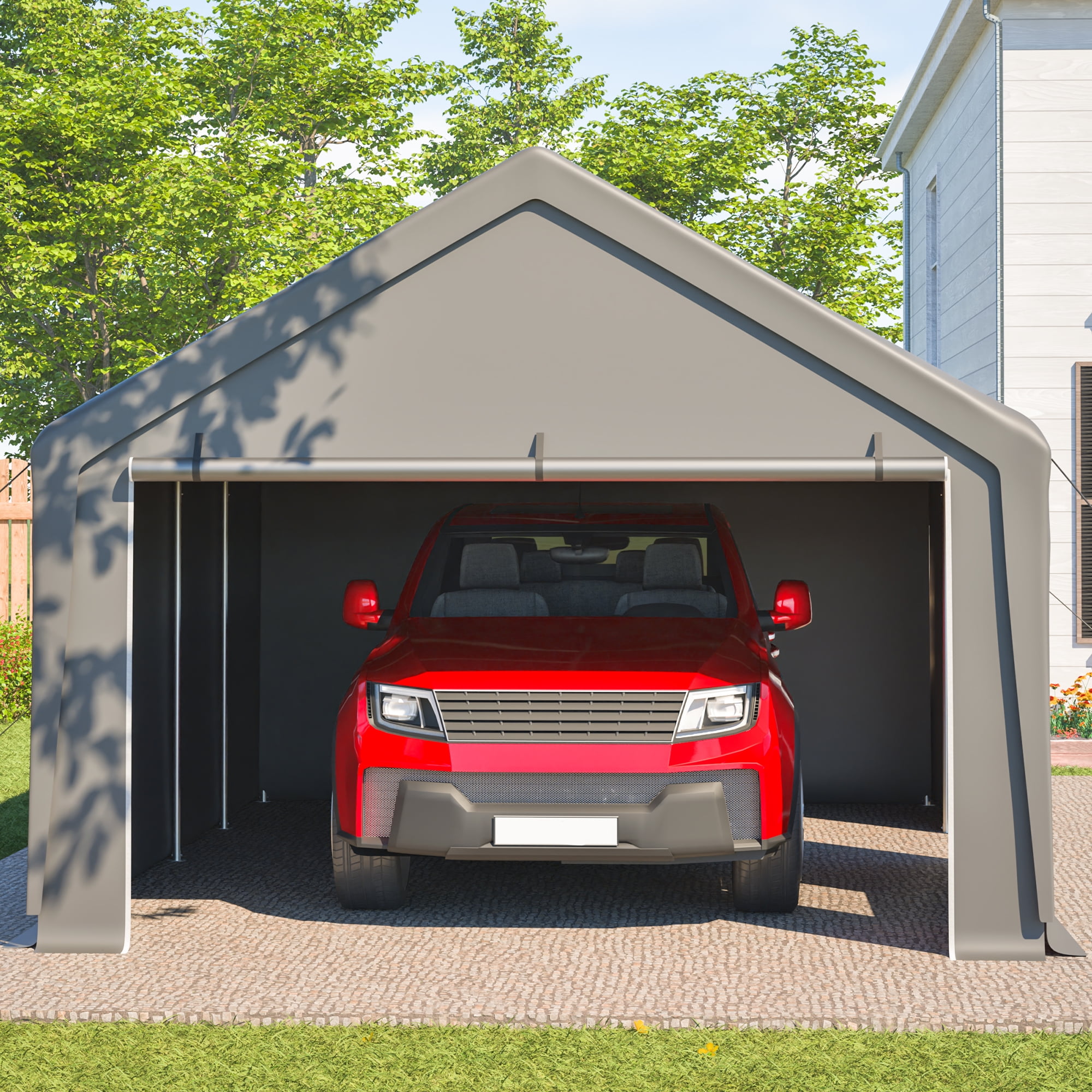 13x26 FT Heavy Duty Carport Canopy - Portable Garage with 2 Roll-Up Doors + Side Door, All-Weather Shelter for Cars, Trucks, Boats & Equipment, 180G PE Cover (12-Leg Frame)