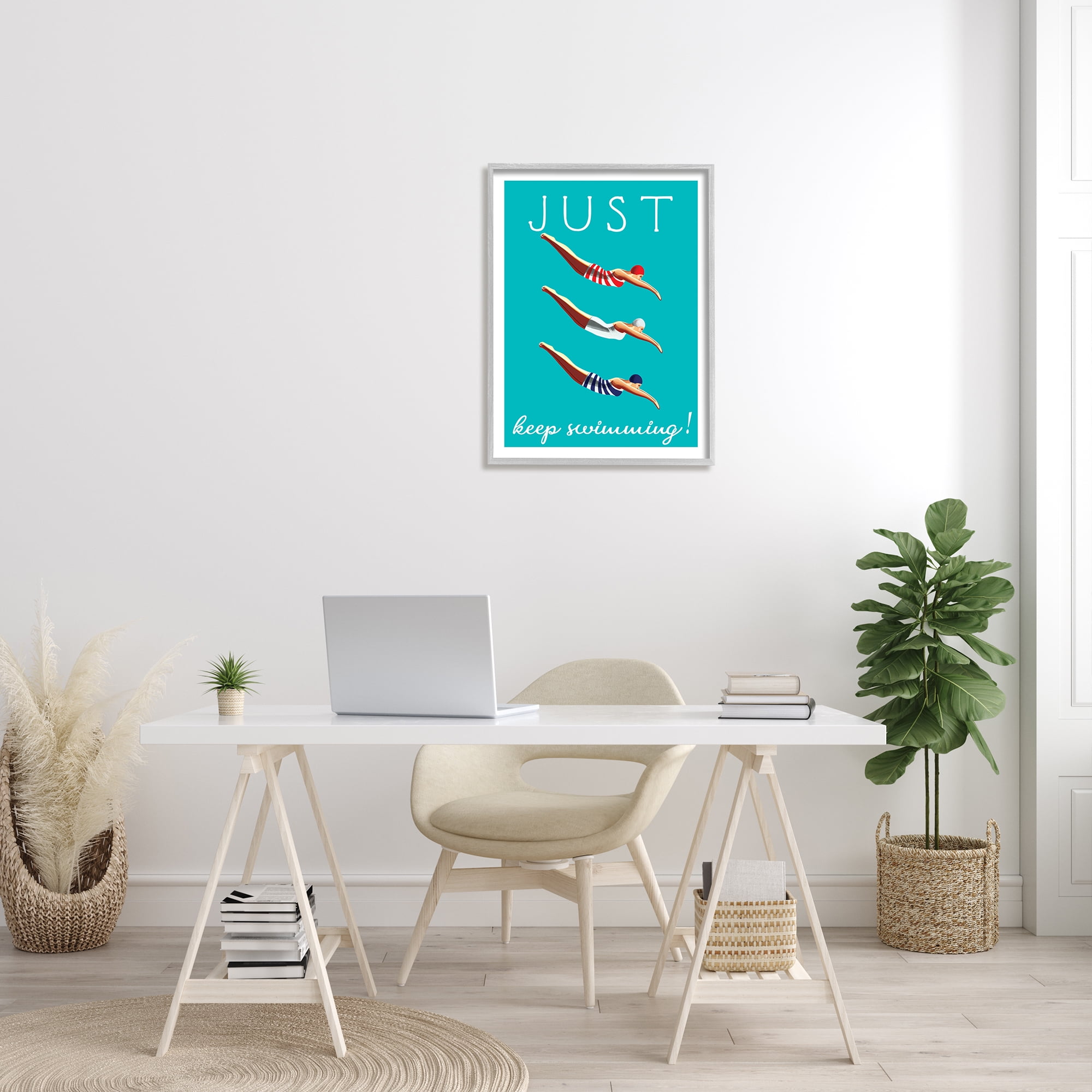 Stupell Industries Trio of Female Divers Just Keep Swimming Phrase Coastal Painting Gray Framed Art Print Wall Art, 24 x 30, Design by Elizabeth Tyndall