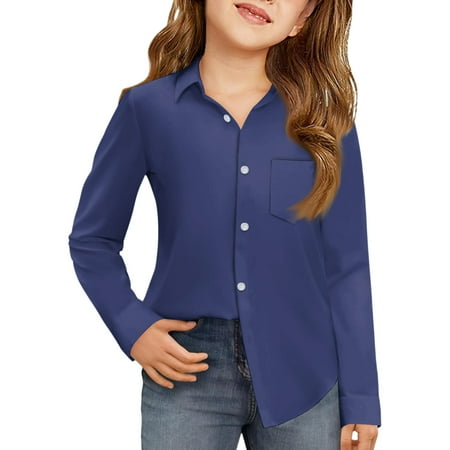 CCRFTGI Girls Long Sleeve Shirts for Child Size 10-12 Causal Back To School Button Down Collared Tops Formal Solid Color Blouse Soft Fall Uniform Shirt with Pocket Dark Blue 9-10 Years