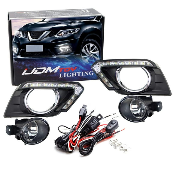 LED Daytime Running Lights & Halogen Foglamp Kit For 14-16 Nissan Rogue, Includes (2) Switchback LED DRL Turn Signal Lamps, Halogen Fog Lights, Bezel Covers & On/Off Switch Wiring