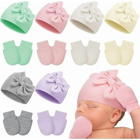 Newborn Baby Girl Hats and Mittens Set Cotton Bow Beanie Preemie Hats Infant Caps for Baby Girls