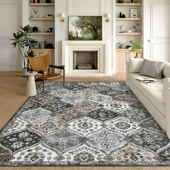 Hasoo Washable Living Room Area Rug 8x10 ft Large Modern Floral Soft Stain Resistant Indoor Gray/Brown Carpet
