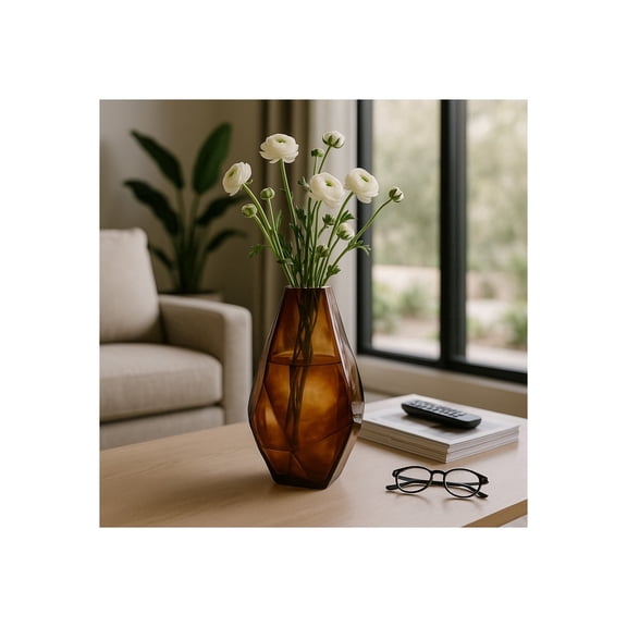 Decorative Large Geometric Glass Vase for Living Room Decor - Contemporary Flower Vase for Bedroom, Office Accent, and Home Decor - Stylish House and Table Sculptural Vase Decoration - 10", Brown