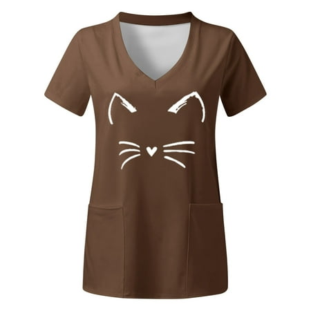 

Women Scrubs Tops Plus Size Top V Neck Short Sleeved Pockets Prints T Shirt Comfortable Nursing Uniform