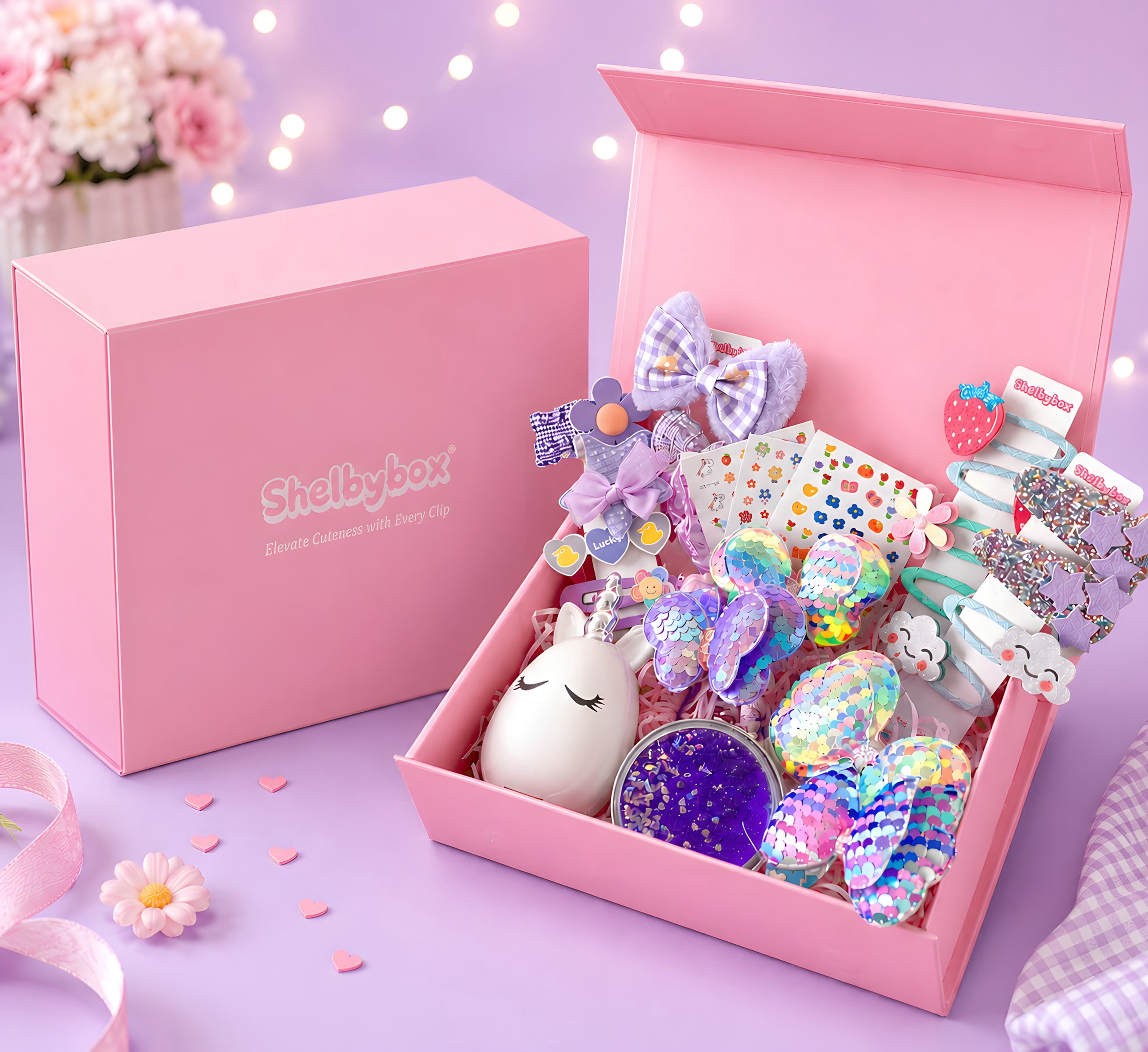 Shelbybox Hair Accessories for Girls Gift Set, 25 Pieces Purple Hair Clips, Barrettes, Ponytail Ties, Bows, Mirror & Unicorn Comb, Toddler Hair Set