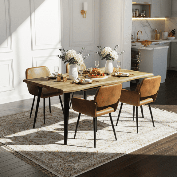 Homy Casa 7 Piece Dining Table Set for 6, Brown Faux Leather Armchairs and Natural Wood Dining Table
