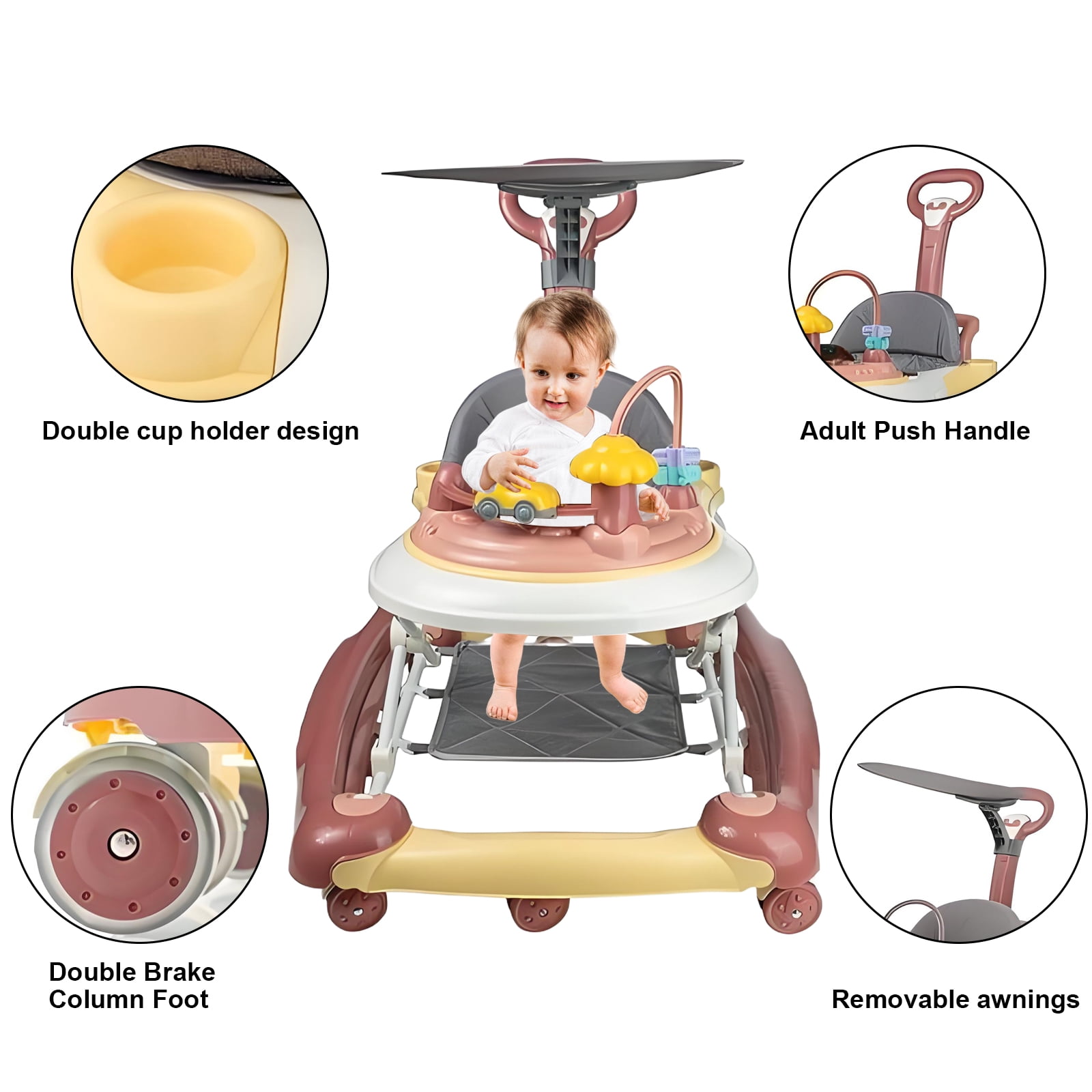 ManyFun 5-in-1 Baby Walker, Musical Activity Push Walker with Detachable Awning Footrest, Adjustable Height, Pink