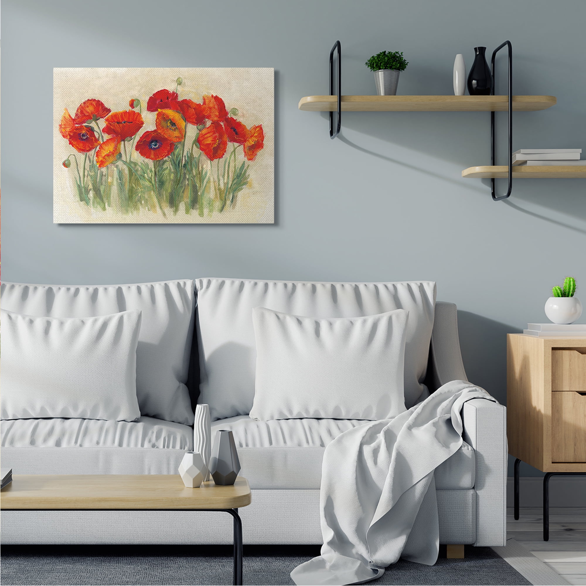 Red Poppy Florals Soft Green Meadow Grass 40 in x 30 in Painting Canvas Art Print, by Stupell Home Décor