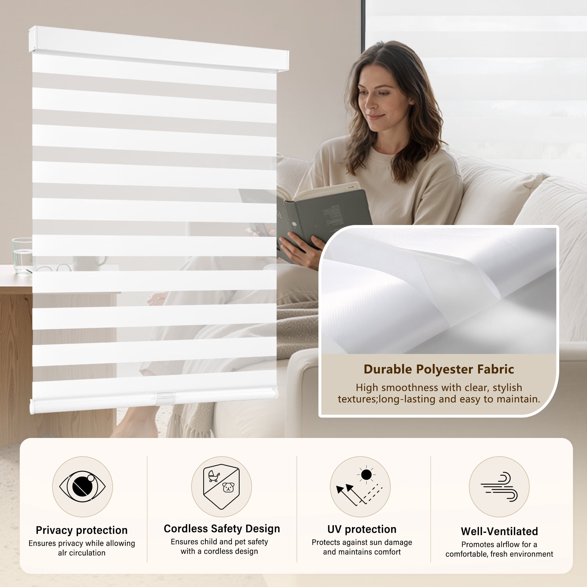 AOSKY Cordless Zebra Blinds for Windows, Day and Night Pull Down Roller Shades, Easy Install Dual Layer Light Filtering, 35"W x 72"H, White