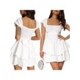thumbnail image 2 of FAROOT Women's Mini A-Line Dress Solid Color Ruffled Sleeves Square Neck Layered Hem Dress, 2 of 9