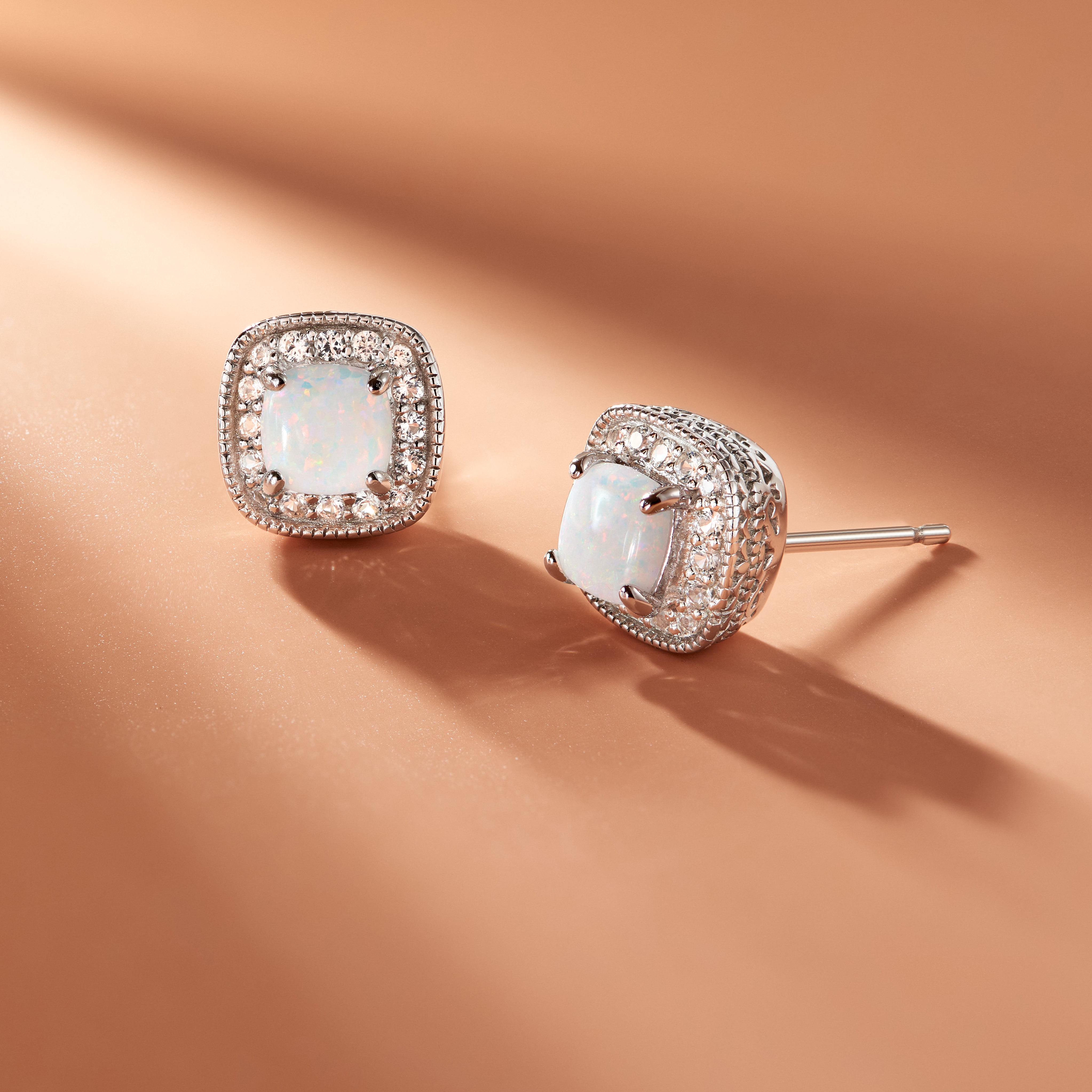 Forever Facets Created Opal October Birthstone Cushion Halo Earrings in Sterling Silver, Adult Female
