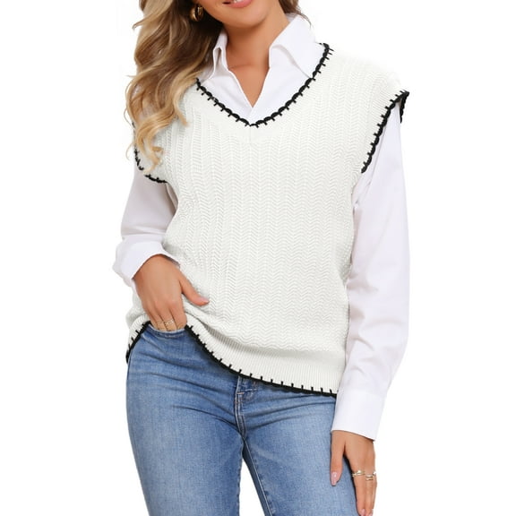 DARING DIVA V Neck Sweater Vest Fall Winter Pullover Tops S White