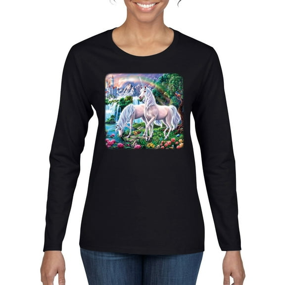 Unicorn Fanstasy Island Castle Animal Lover Female Graphic Long Sleeve T-Shirt, Black, Small