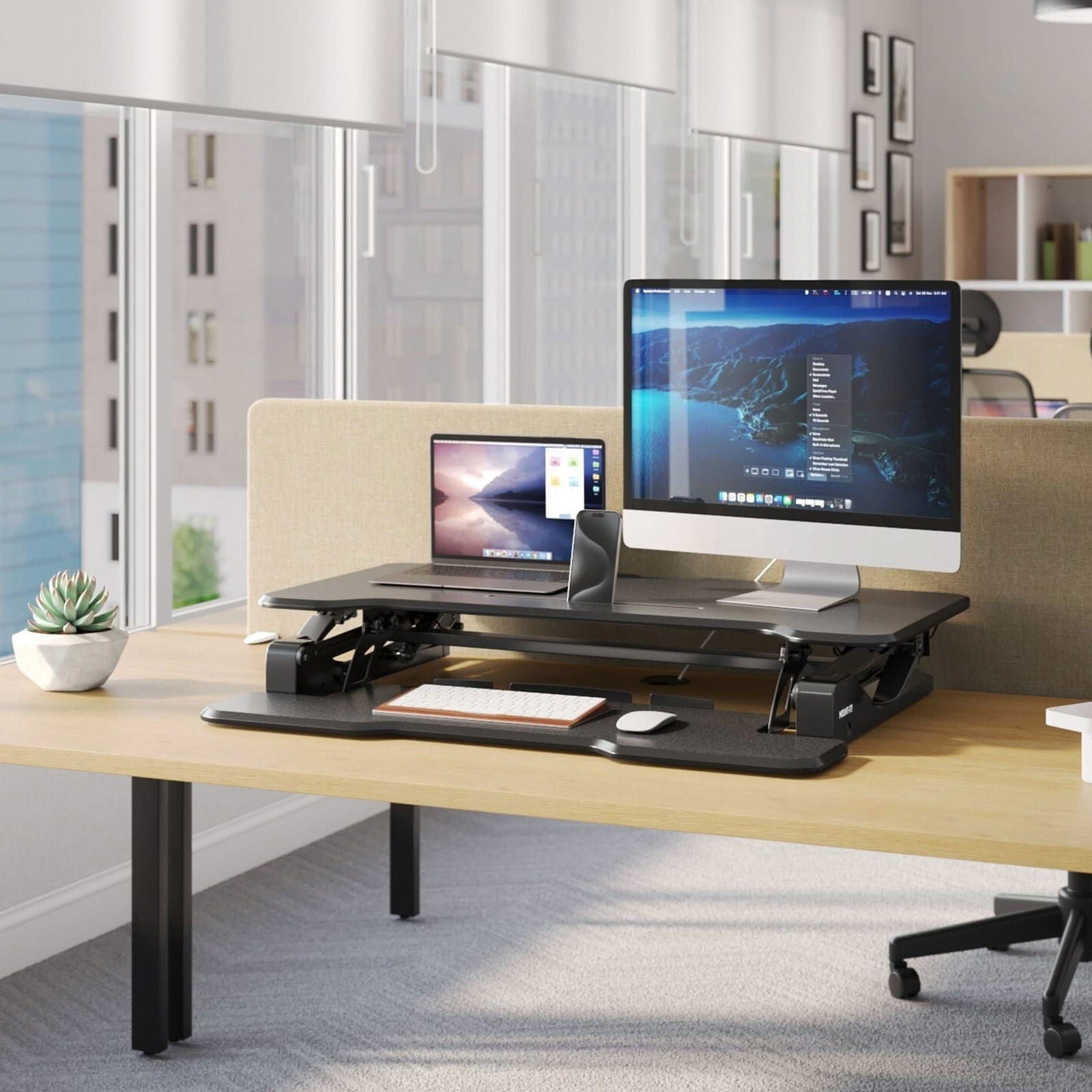 Mount-It! 38'' Standing Desk Converter – Height Adjustable Sit Stand Riser with Dual Monitor Space, Keyboard Tray & Device Slot – Gas Spring Lift, MDF Desktop, Black