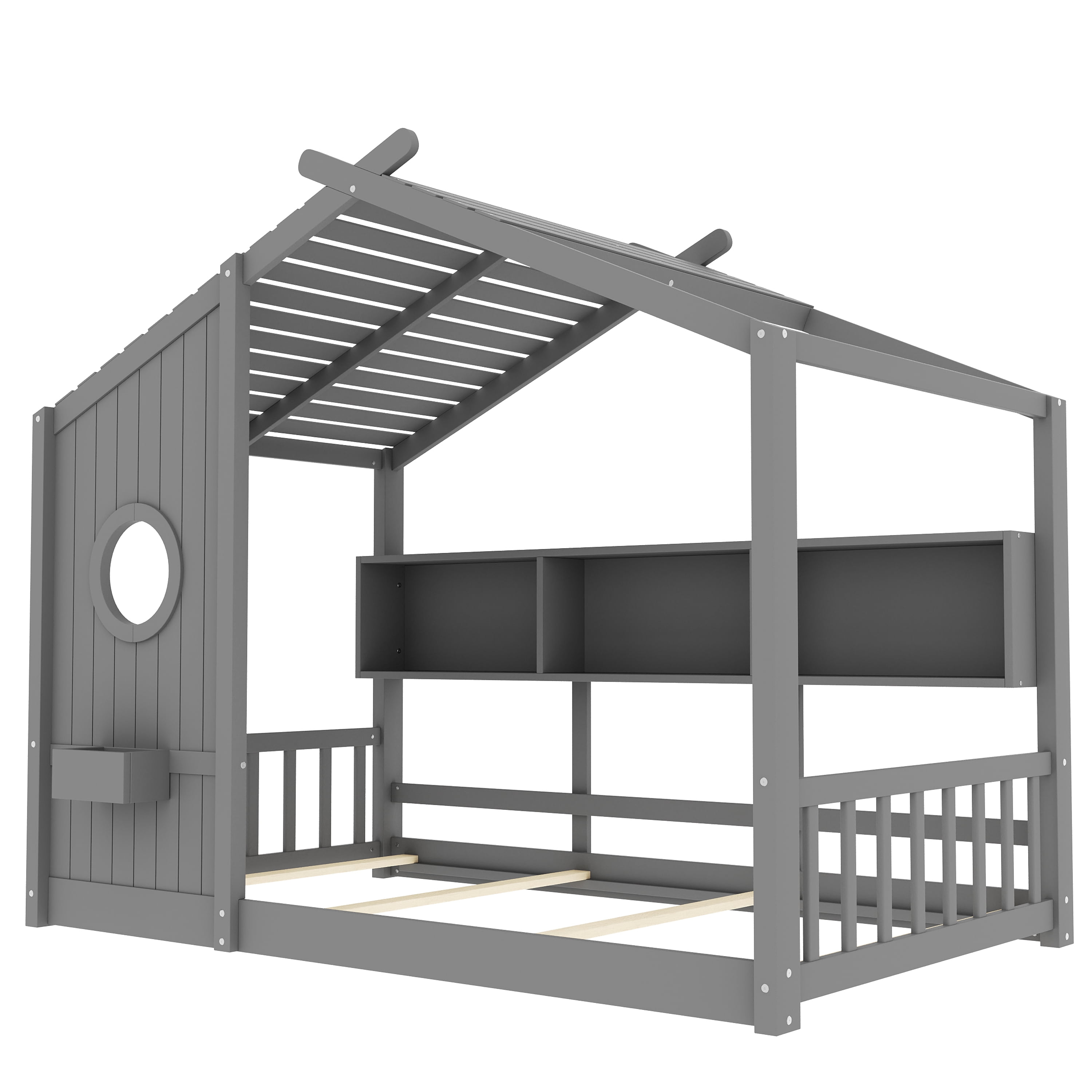 Euroco Wood Twin Size House Bed with Cabinets, Floor Bed with Roof Design and Storage Shelves, White