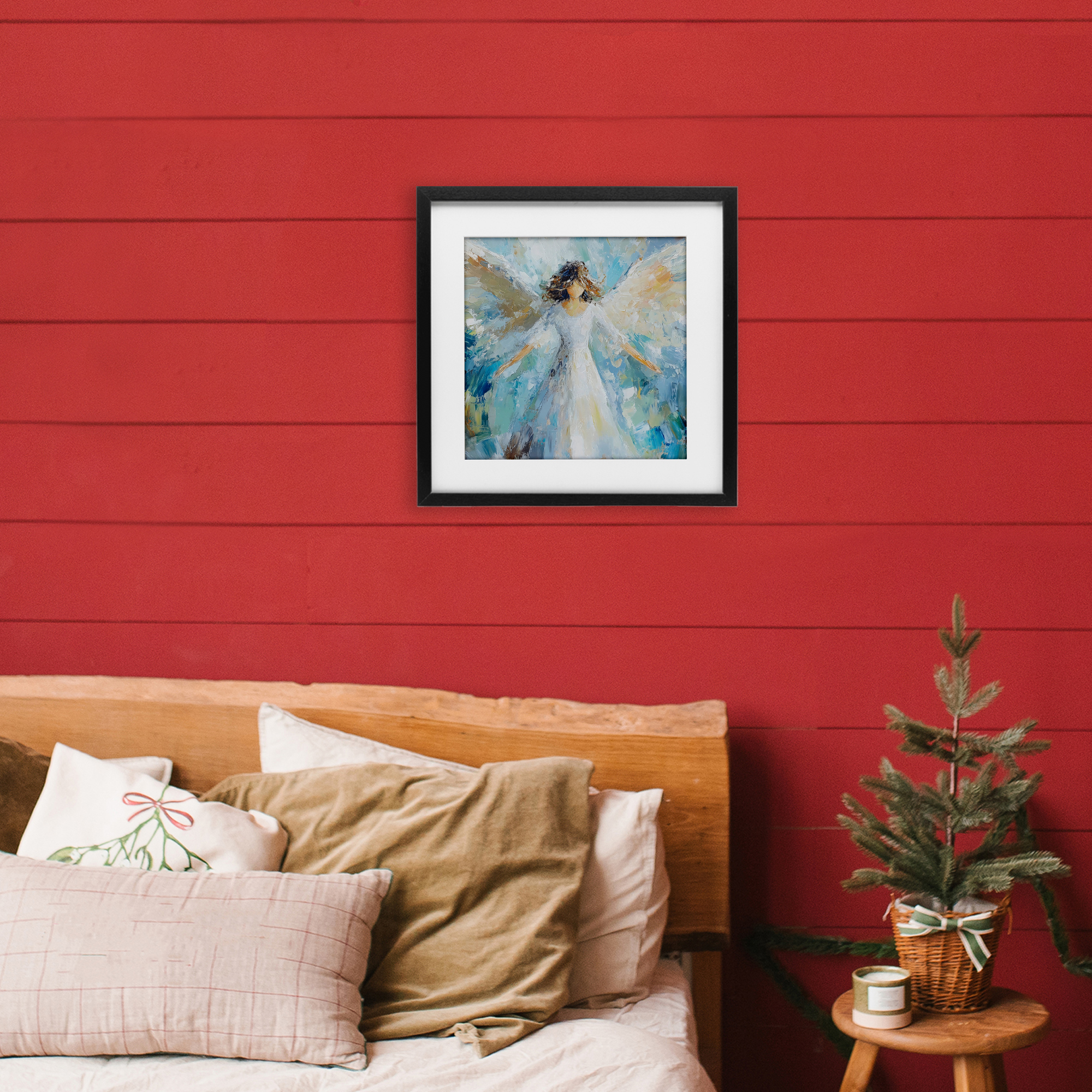 Flying Glory Angel Black Framed Print Under Glass, design by Petal Prints Design