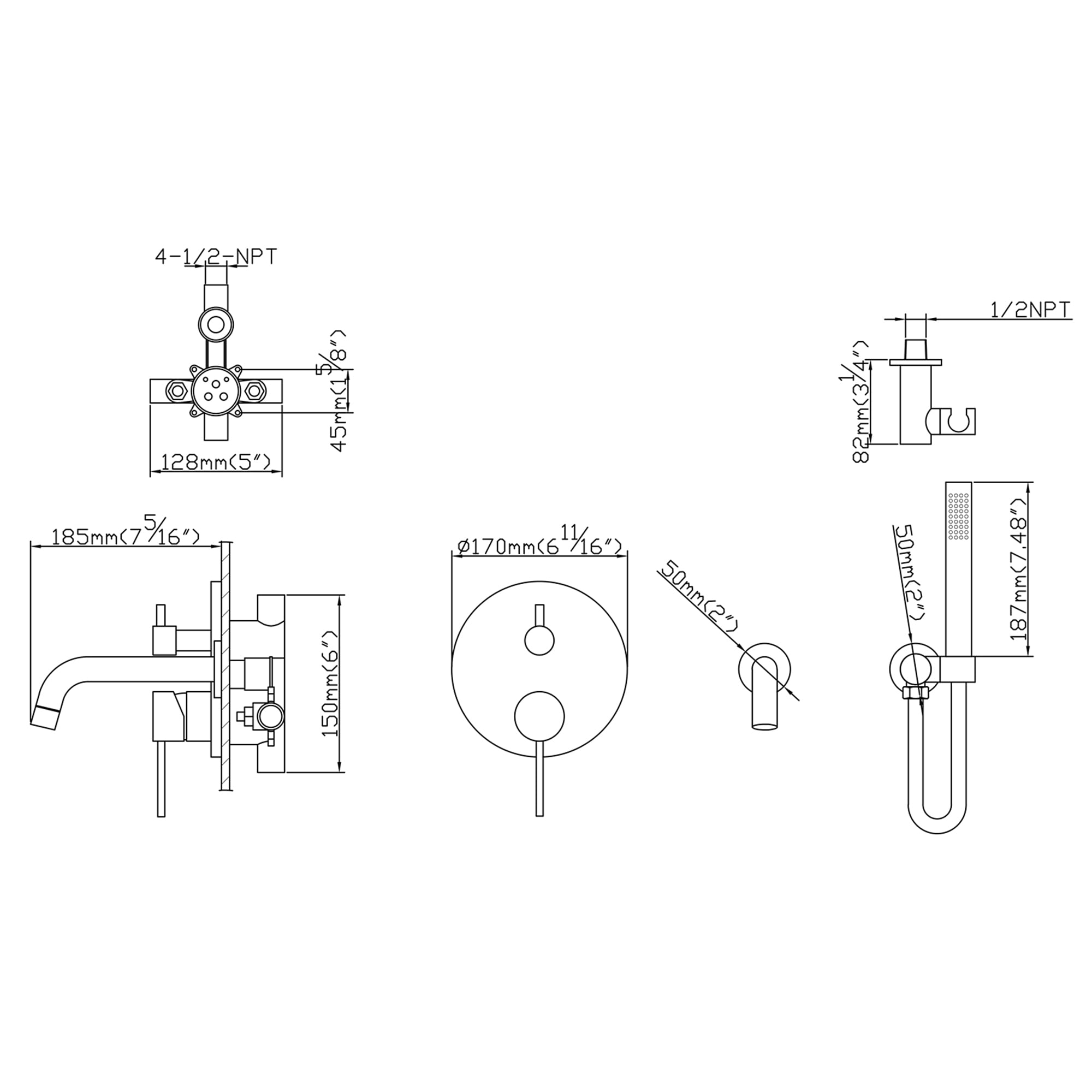 Dual Handles Wall Mounted Bathroom Tub Filler with Hand Shower, Solid Brass Matte Black Waterfall Bathtub Faucet
