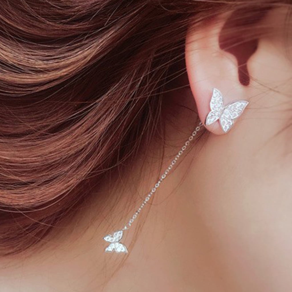 HOARBOEG Earring for Women Long Simple Fashion Silver Size Butterfly Diamond Earrings Ladies Jewelry