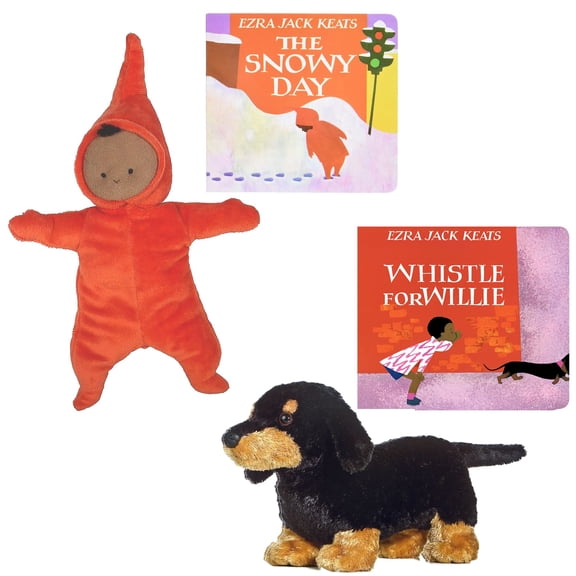 Ezra Jack Keats Gift Set includes The Snowy Day and Whistle for Willie Board Books with Dachshund Stuffed Animal Plush and Peter Doll with We 3 Books Book Gift Bag