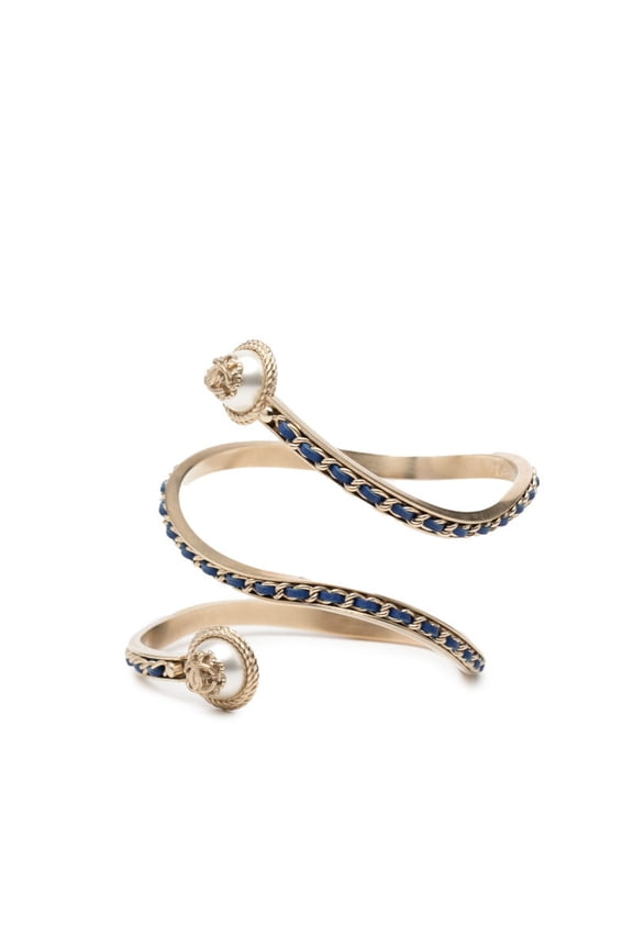 Pre-Owned Chanel Coco Mark Bangle, Size: S, Champagne Gold, Blue Plated Leather, Faux... (Good)
