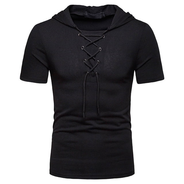 Ceisia Men's Slim Fit Short Sleeve Hooded Top Ribbed Texture Lace-Up Design Spring Summer Shirt Gift