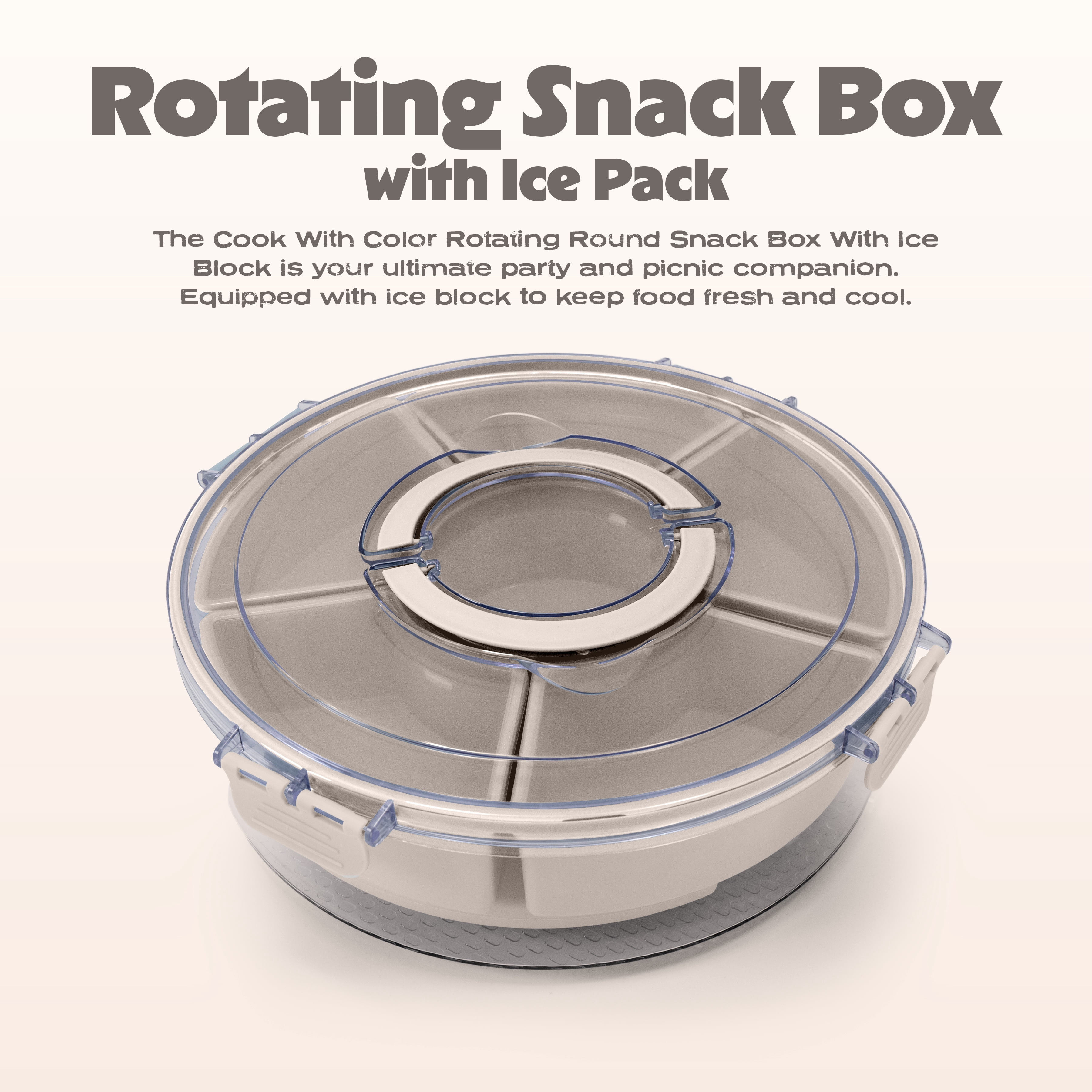 Cook with Color Rotating Snack Box with Ice Block and Carry Handle, Portable Compartments for Lunches and Commutes, Taupe
