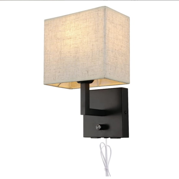 Bedside Wall Mount Light with Dimmer Switch and Two USB Charging Port, Fabric Linen Shade Wall Sconces Light with Plug in Cord, Black Wall Lamp Perfect for Bedroom, Living Room and Hotel