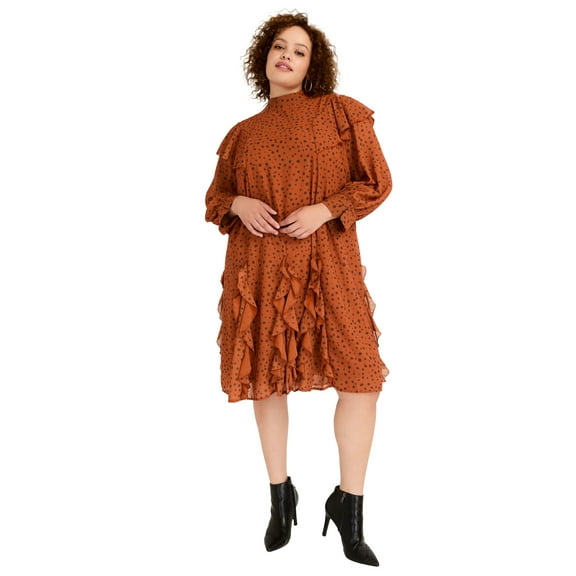 June & Vie Women's Plus Size Ruffled Chiffon Mockneck Dress