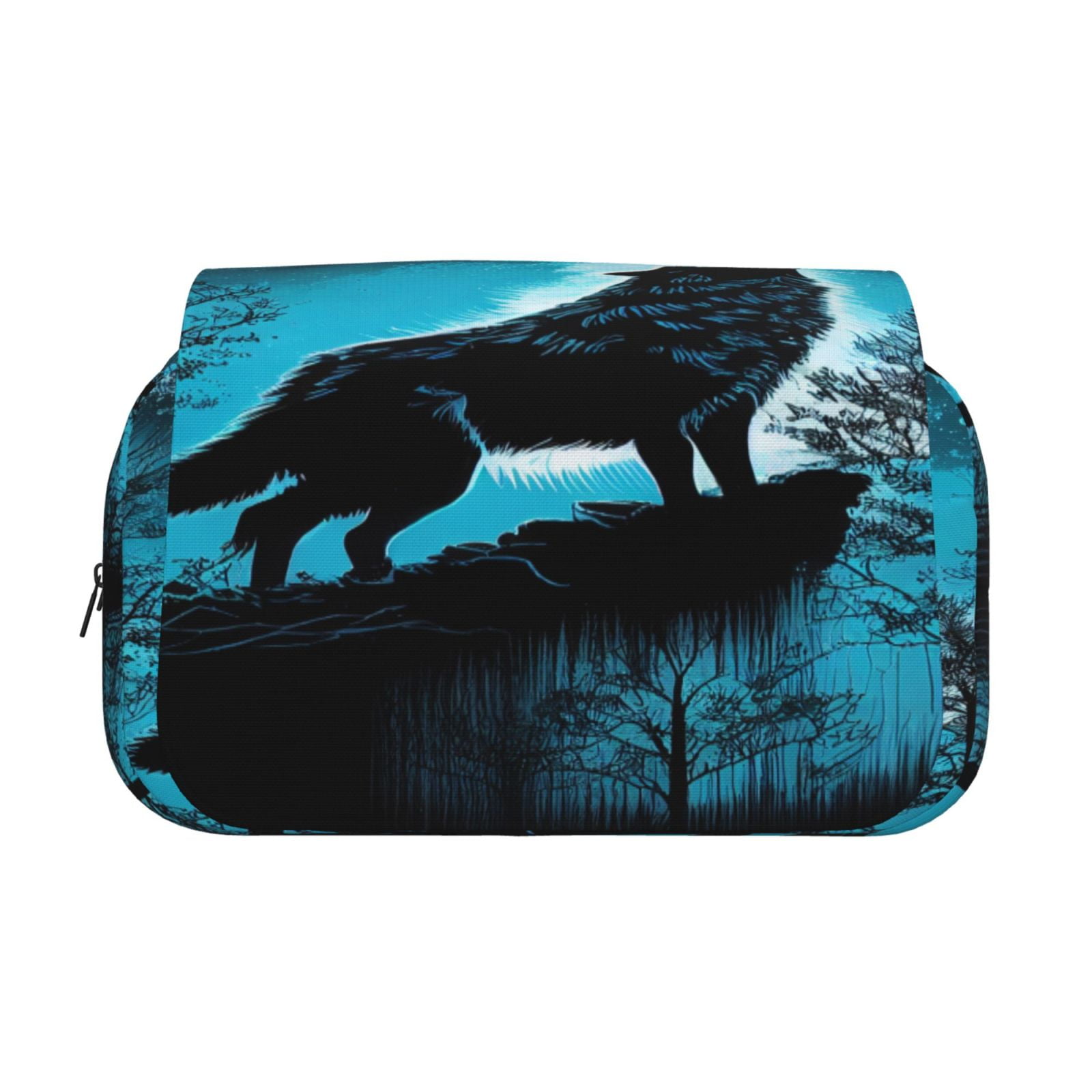 Rateoe Blue Full Moon Wolf Pattern Double Clamshell Pen Case, Storage Organizer with Two Zipper Compartments– Holds Up to 50 Pencils & Pens