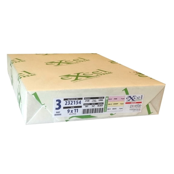 Excel One Carbonless 3-Part Reverse Paper (Pink/Canary/White), 9" x 11" (232154) - One (1) Ream (167 Sets)