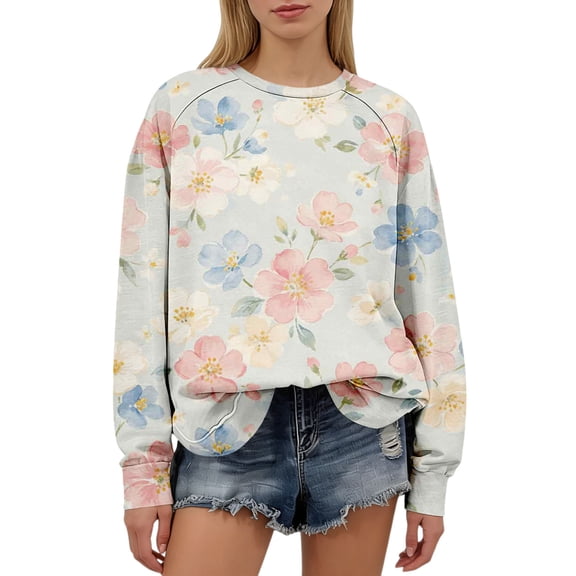 kaondbfi Hoodless Sweatshirts for Elegant Women Fall Winter Spring Print Sweatshirt Casual Cozy Oversized Crewneck Long Sleeve Pullover Tops Womens Summer Fashion Sweat Shirts