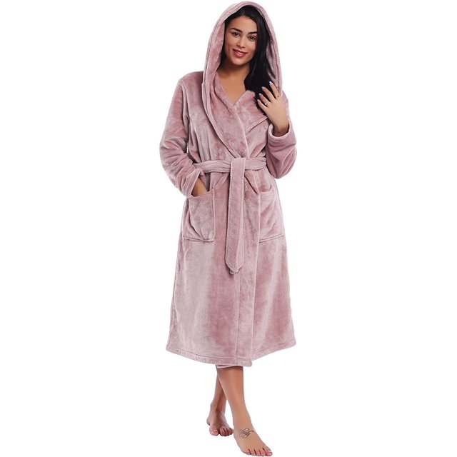 Women Plush Fleece Robe Long Warm Bathrobe Shawl Collar/Hood