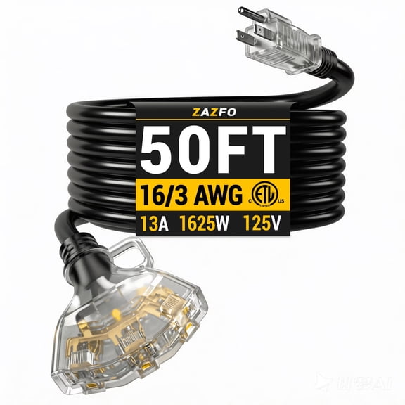 ZAZFO 50 FT 16/3 Gauge Outdoor Extension Cord with Multiple Outlets Light Indicator, Flexible 3 Outlet Weatherproof Extension Cord Waterproof Black, 13A 1625W 16AWG SJTW, ETL Listed
