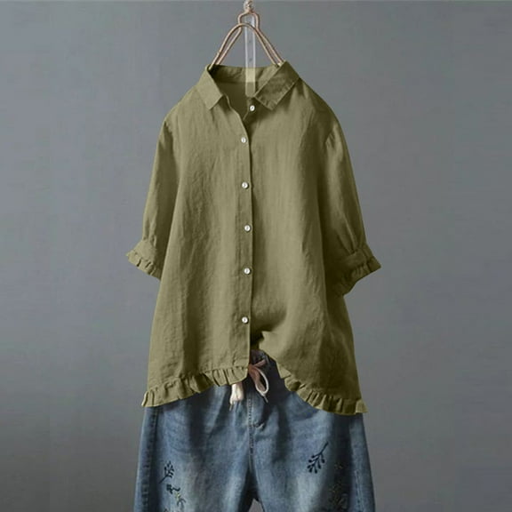 Womens 3/4 Sleeve Shirts Plus Size S-5X Button-Down Collared Cotton Linen Blouses Cute Casual Loose Solid Ruffle Hem Basic Comfort Tops