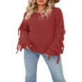 thumbnail image 1 of Women Plus Size Sweater  Casual Solid Color Long Sleeve  Neck Fringe Knit Pullover, 1 of 5
