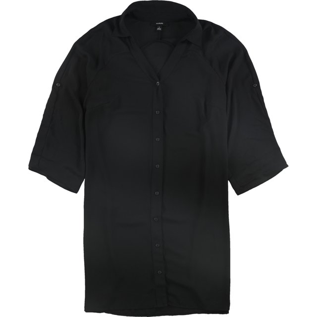blusa tipo túnica alfani con lengüeta enrollable para mujer negro 1x túnica blusa negra de manga 3/4 con cierre de botones frontales, escote en V y lengüeta enrollable en la manga; corte recto en tela lisa 100% poliéster, vista frontal centrada sobre fondo neutro; adecuada como capa ligera sobre leggings.