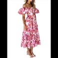 thumbnail image 3 of Vestido Midi Informal de Verano para Mujer, de Corta, Abullonado, con Cuello Cuadrado y Volantes Escalonados Flores de Color Rojo XL, 3 of 7