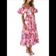 thumbnail image 3 of Vestido Midi Informal de Verano para Mujer, de Corta, Abullonado, con Cuello Cuadrado y Volantes Escalonados Flores de Color Rojo L, 3 of 7