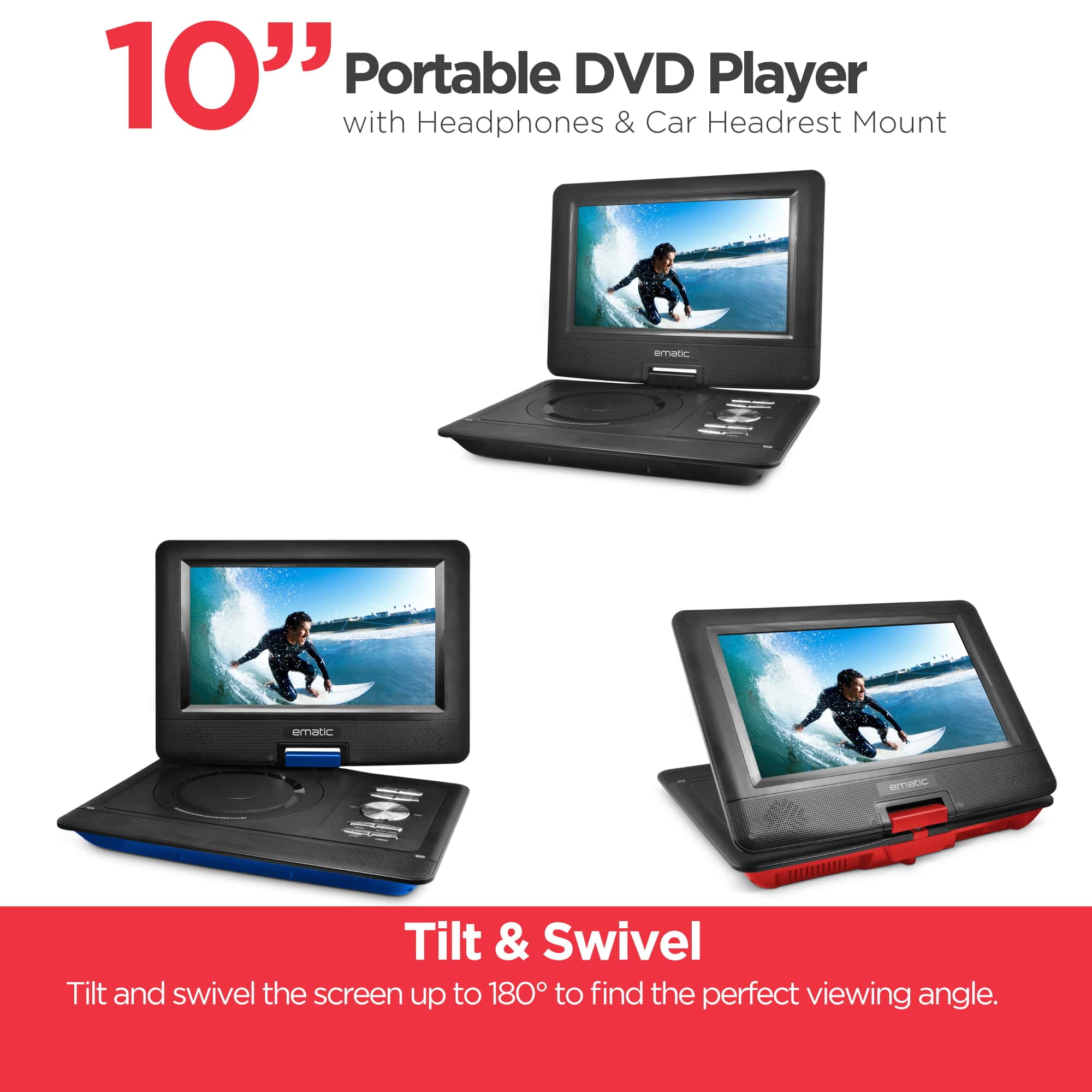 Ematic 10 Portable Dvd Player With Headphones And Car Headrest