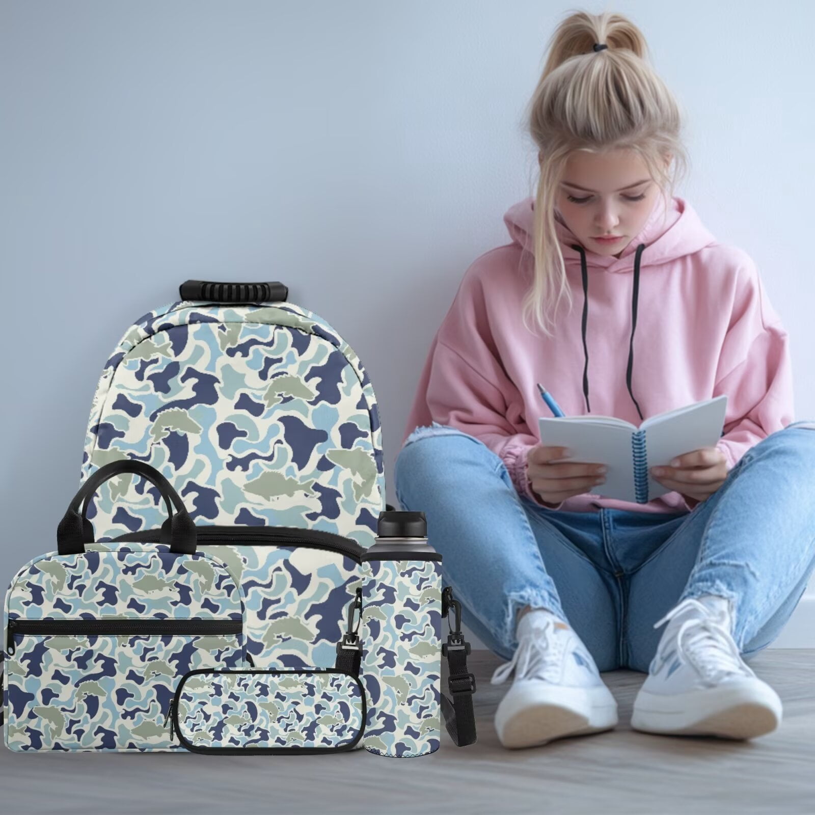 Pzuqiu Fish Camo Kids Backpack for School Girls 4 pcs Backpacks for Teens Backpack with Lunch Bag Pencil Case Water Bottle Holder Bookbags with Adjustable Shoulder Strap Daypack