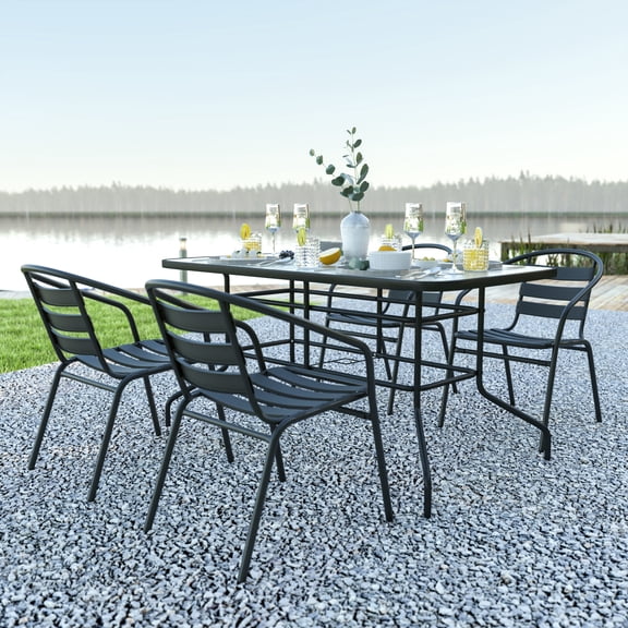 Emma Oliver 5 Piece Patio Table & Chairs Set with 31.5"x55" Rectangular Metal Table with Tempered Glass Top and 4 Black Aluminum Stacking Chairs