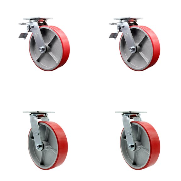 8 Inch Red Poly on Cast Iron Caster Set with Ball Bearing 2 Brakes 2 Swivel Lock