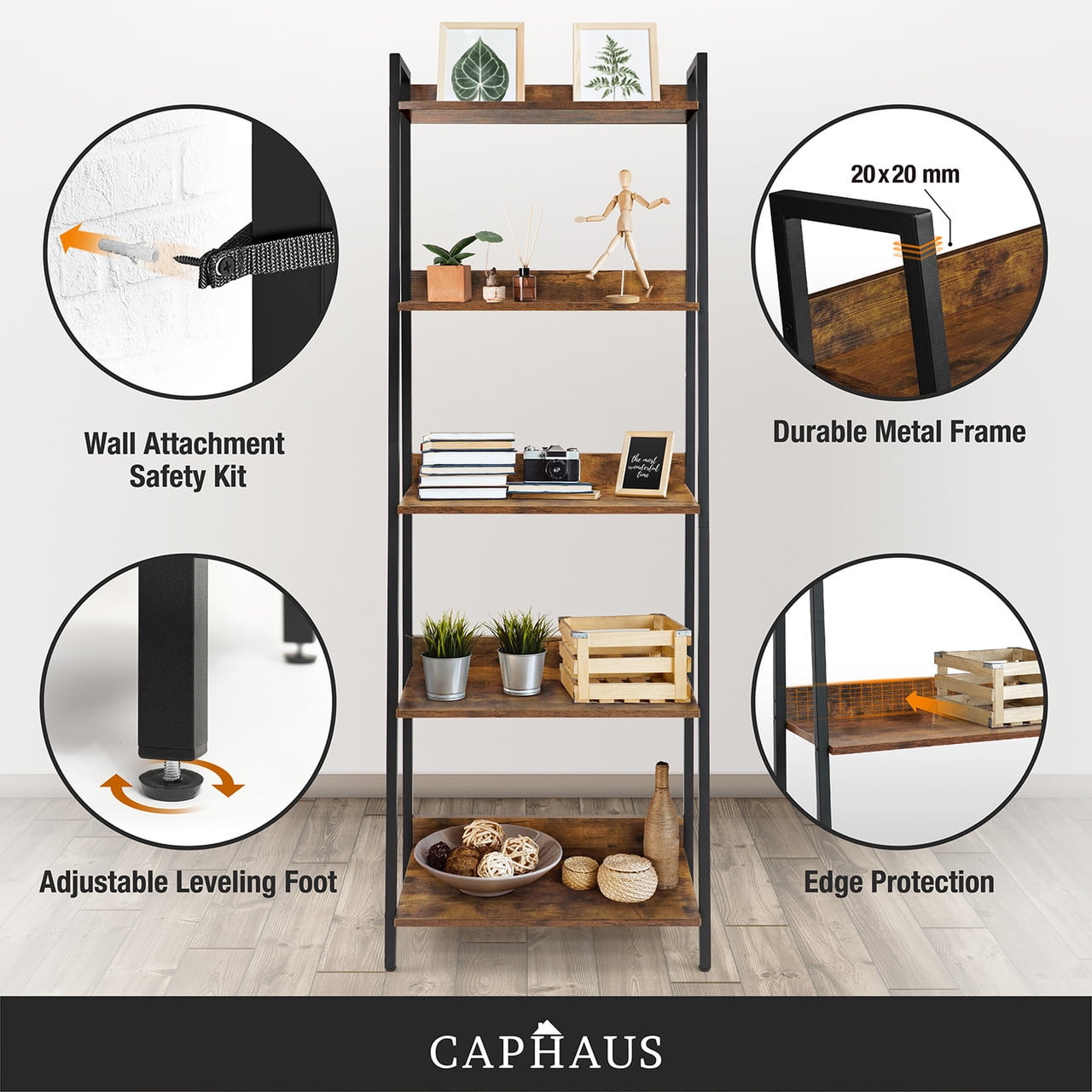 CAPHAUS 5 Tier Ladder Bookshelf, 24 Inch Width Free Standing Shelf, Bookcase Shelf Storage Rack Organizer, Industrial Book Shelves for Home Office, Living Room, Kitchen, Rustic Oak, Vintage Shelves