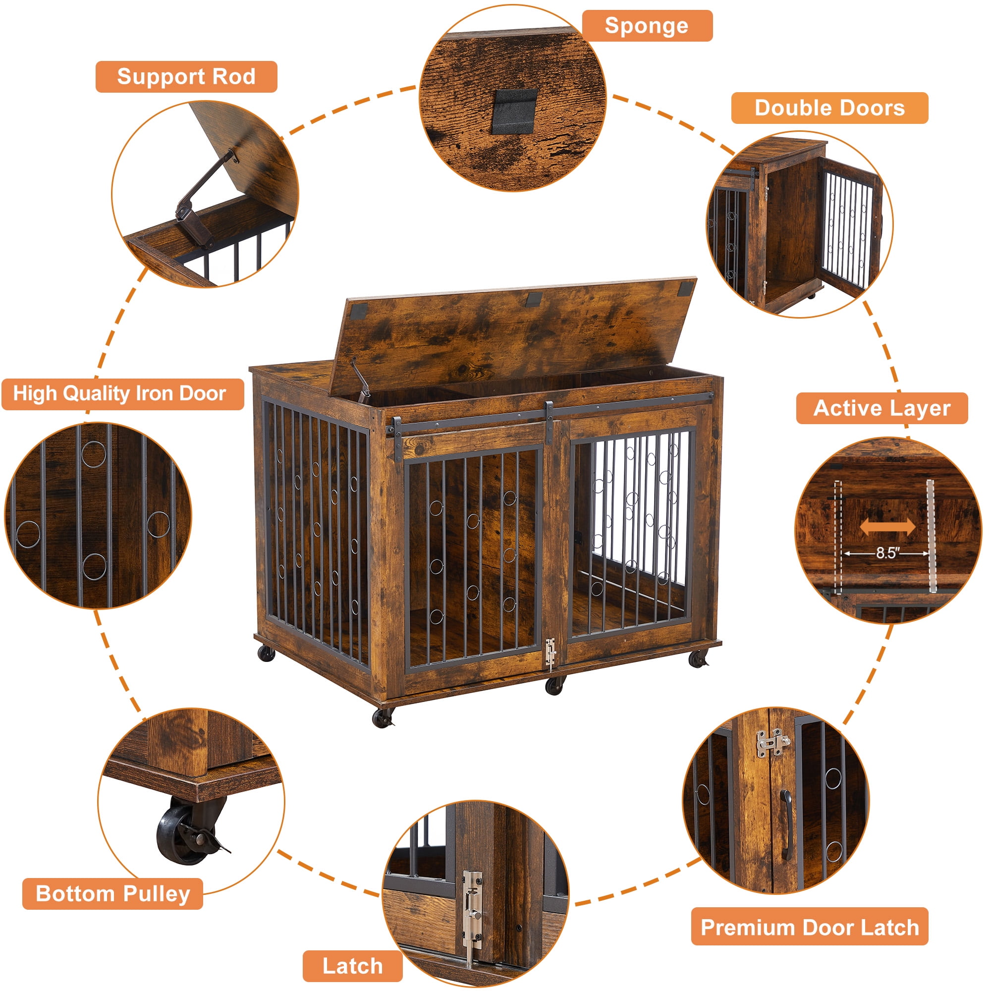 Pefilos 43" Sliding Door Dog Crate with Partition for Two Puppies, Furniture Style Dog Cage with Wheels, Dog House Kennel for Indoor Dogs, Brown Pefilos 43" Sliding Door Dog Crate with Partition for Two Puppies, Furniture Style Dog Cage with Wheels, Dog House Kennel for Indoor Dogs, Brown