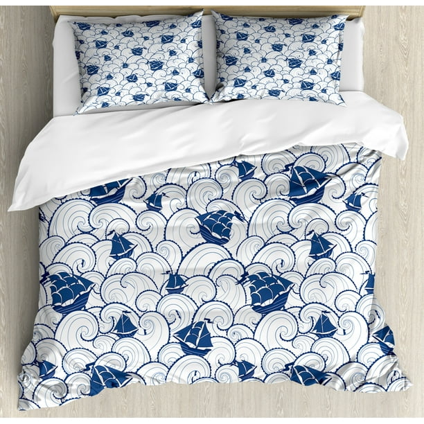 Nautical Decor Queen Size Duvet Cover Set, Ship on Marine Spiral Waves