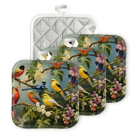

BaHomeck Pot Holders 4pcs dacron Made Square heat-resisting mat Machine Washable for Kitchen Oven Hot Pads 6.7inch*6.7inch Vibrant Painting Of Various Birds Perched On Tree Branches