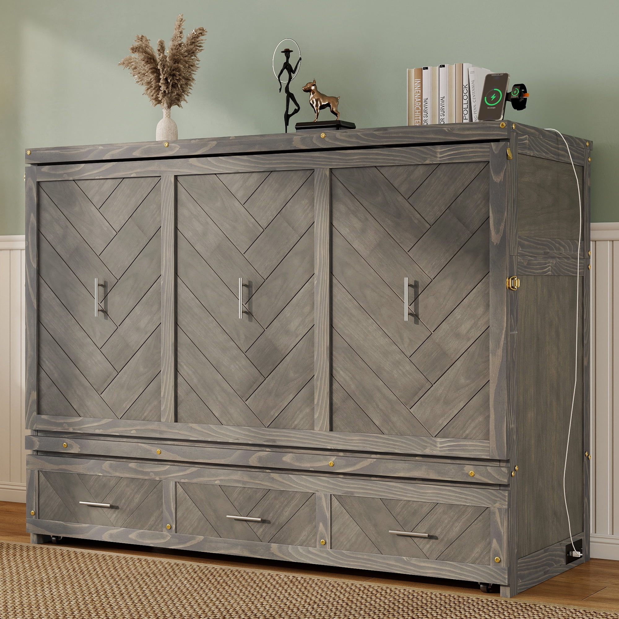 Mintazer Queen Size Murphy Bed Cabinet with Drawer & Charging Station, Farmhouse Foldable Wall Bed for Living Room Bedroom Apartment, Gray
