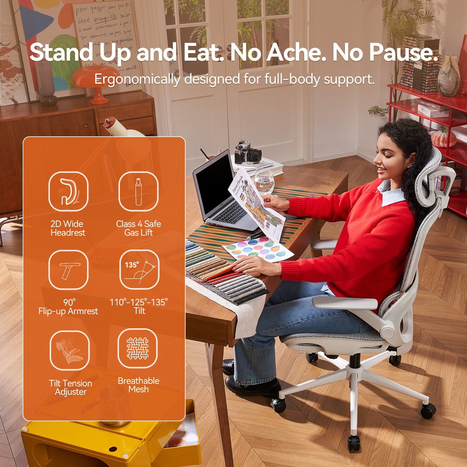 SIHOO B100 Ergonomic Office Chair with Footrest, Mesh Office Chair with Adaptive Dynamic Lumbar, Flip-up Arm, Dual-Back Office Chair for Home Office, 300lb, Light Grey