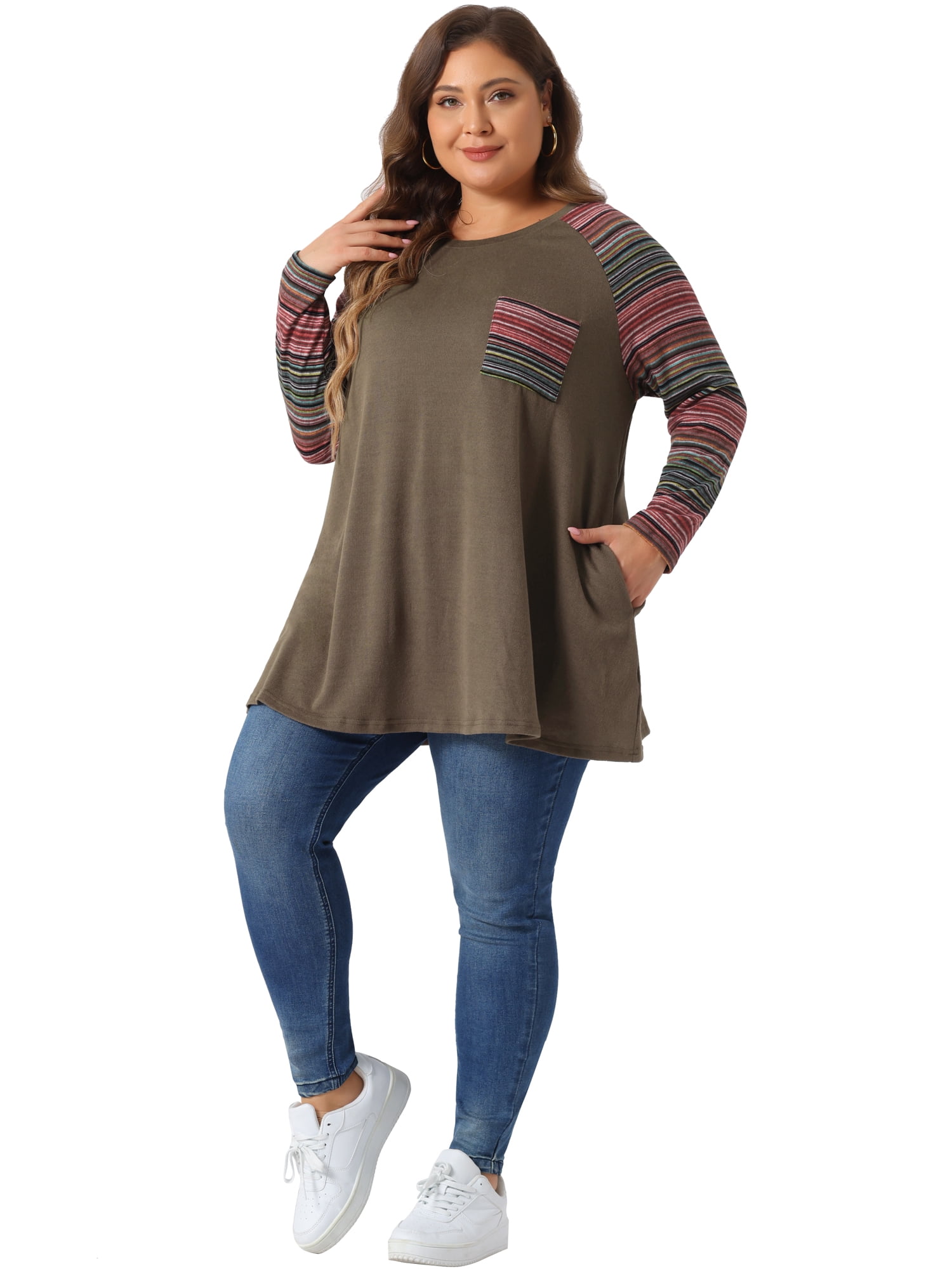 DARING DIVA Women's Plus Size Long Sleeve Color Block Knit Tunic 3X Coffee