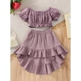 thumbnail image 3 of Franhais Baby Girls 2PCS Plain Outfits, Short Sleeve Ruffle Off-Shoulder Hollow Tops, Irregular Midi Skirt, Toddler Ruched Summer Outfits, 3 of 9
